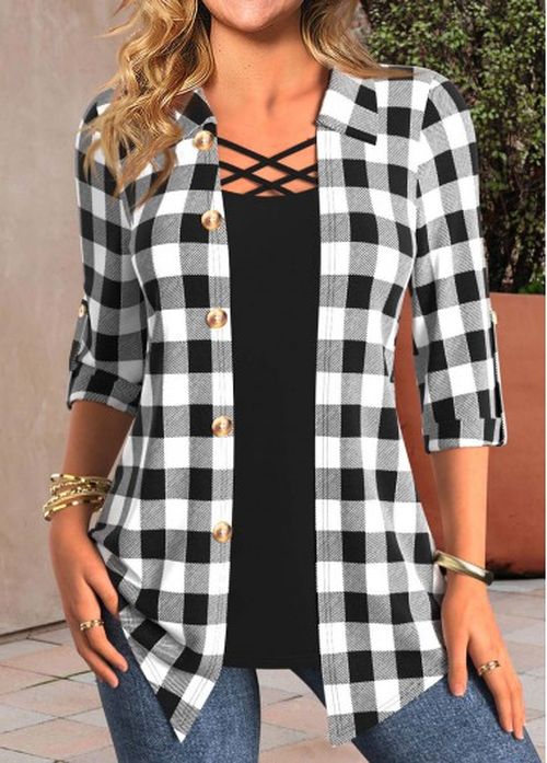 Modlily Shirt Collar Black Fake 2in1 Plaid Blouse