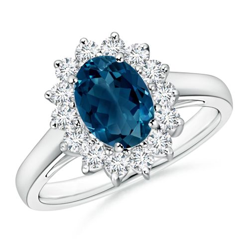 Angara 1.5 Carats Princess Diana Inspired London Blue Topaz Ring with Halo in Platinum