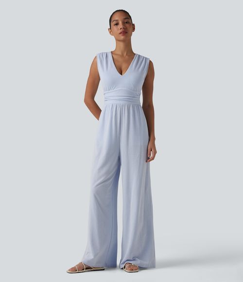 V Neck Sleeveless Built-in Bra Stripe Casual Jumpsuit with Pockets-Easy Peezy Edition  - Air Seersucker