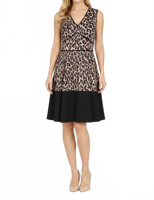V Neck Leopard Print A-Line Dress In Brown/black