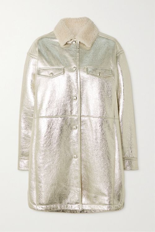 Shearling-trimmed Metallic Leather Coat - Silver - FR32