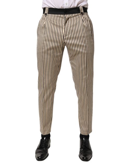 Beige and Black Striped Cotton Trousers — Beige