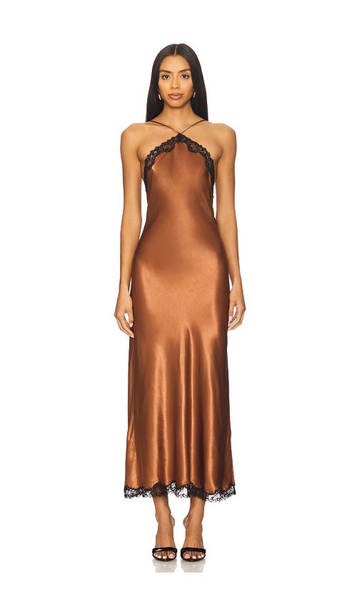 RIXO MIDI-KLEID HARLAN in Brown. Größe XS. Also in