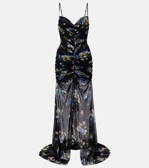 Floral ruched sheer gown