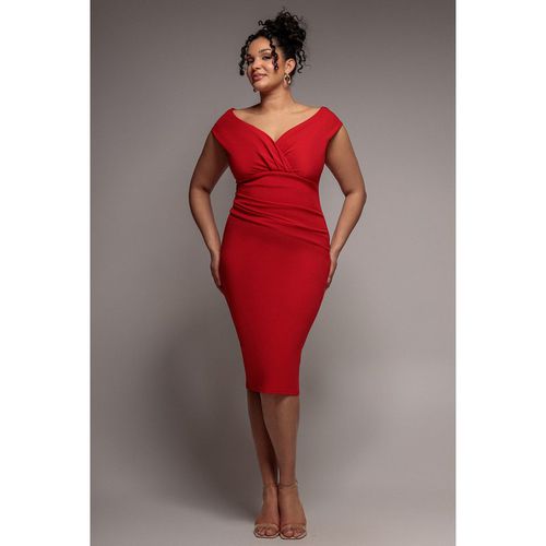 Goddiva Plus Scuba Bardot Pleated Midi Dress - Red