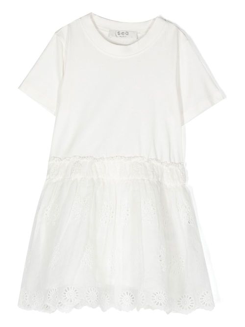 Broderie-anglaise short-sleeve dress - Neutrals