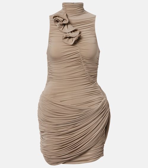 Floral-appliqué ruched minidress