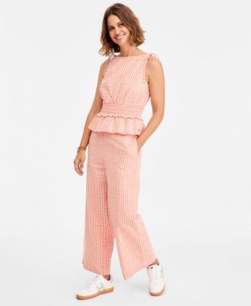 Womens Cotton Seersucker Top Straight Leg Pants