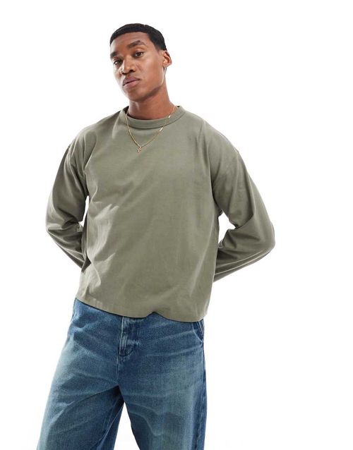 Heavyweight oversized boxy long sleeve t-shirt in khaki-Green
