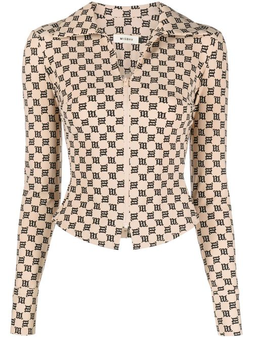 Monogram-print zip-up top - Neutrals