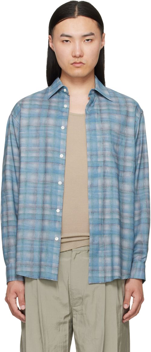 Blue Printed Plaid Cotton Lawn Shirt