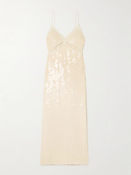 Olmine Lace-trimmed Sequined Satin Maxi Dress - Cream