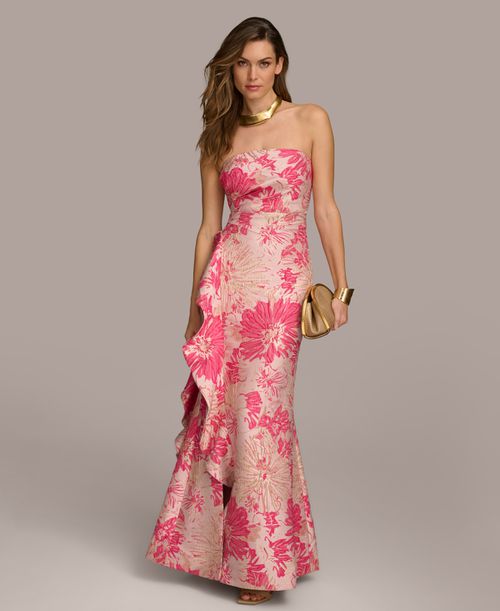 Women's Floral-Jacquard Ruffled Strapless Gown - Fuschia Multi