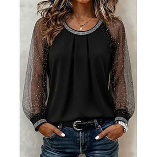 Women's Dress Shirt Patchwork Glitter Beaded Elegant Stylish Romantic Long Sleeve Crew Neck Regular Tops Daily Streetwear Work Black Spring Fall Winter