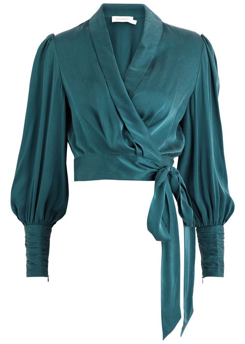 Cropped Washed Silk Wrap top - Teal - 3 (UK 14 / L)