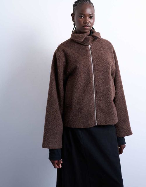 Boucle tab detail bomber in chocolate-Multi