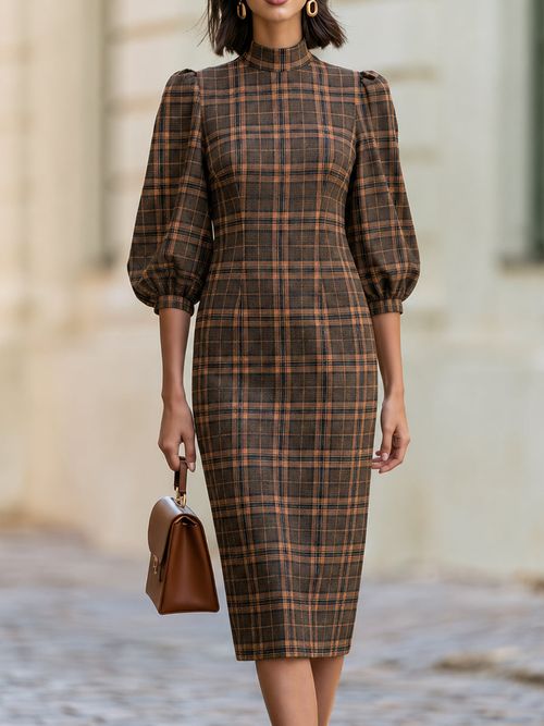 High Neck Puff Balloon Sleeve Brown Plaid Midi  Dress - Brown