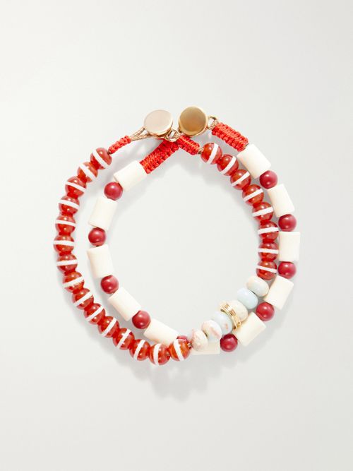 Set Of Two Paprika Agate Beaded Bracelets - Red