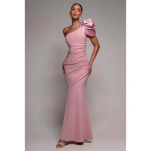 Goddiva One Shoulder Puffed Satin Sleeve Evening Maxi Dress - Blush Pink