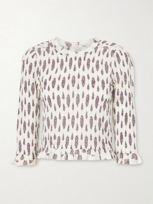 Open-back Ruffled Floral-print Smocked Cotton Blouse - Ecru