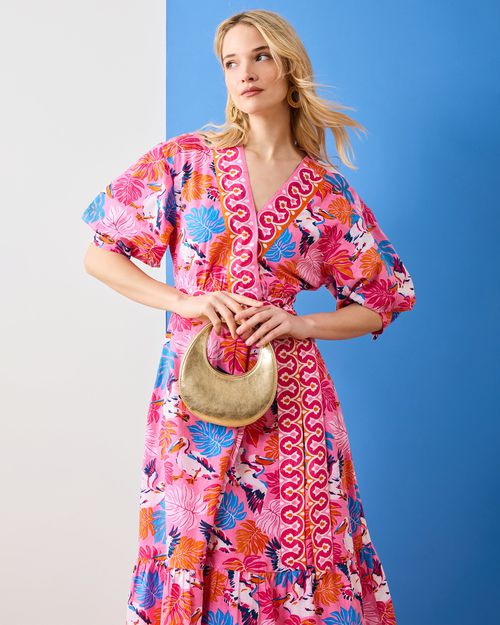 Organic Cotton Half-Sleeve Midi Wrap Dress in Pelican Palms | Women's XS | Pink
