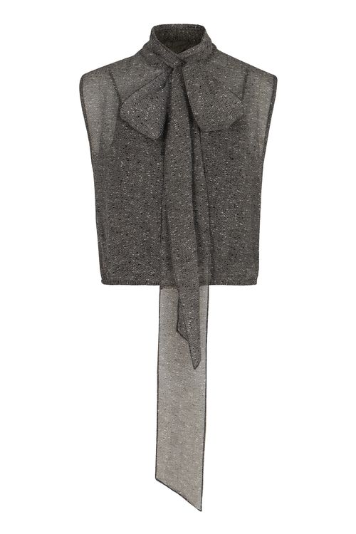 Silk Georgette Sleeveless Top with Long Floor-Tail Bow and Buttoned Print