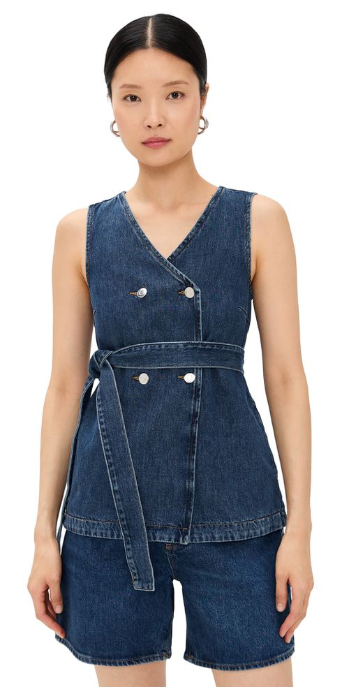 ALIGNE Jate Denim Wrap Waistcoat Vest Mid Blue