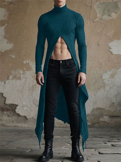 Mens Asymmetrical Slit Textured Long Sleeve T-Shirt SKUL24728 - Lake Blue / S