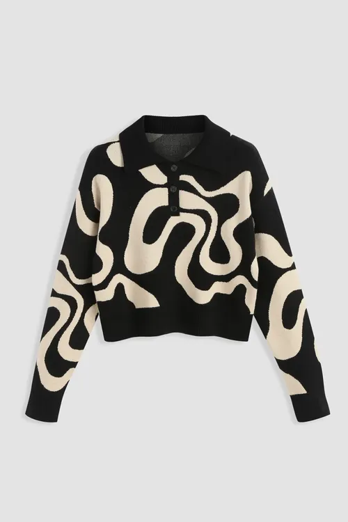 Black Polo Collar Jacquard Knit Sweater Women