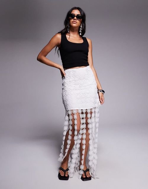 Crochet tassle midi skirt in white