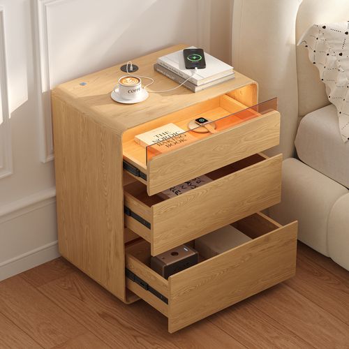 24" Wooden 3-Drawer Smart Nightstand With LED Lighting & Sensor Charging