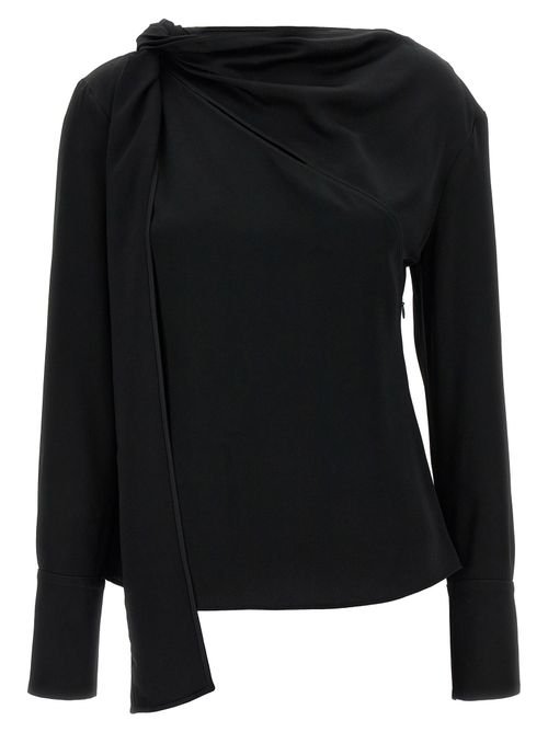 Viscose Blend with Sash Neckline Blouse — Black