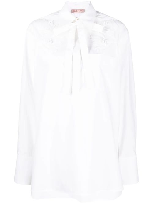 Flower Embroidered Silk Blend Shirt — White