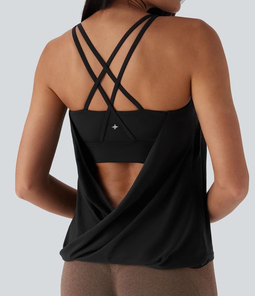 Double Straps Pleated Quick Dry Yoga Cami Top D-F Cups Tank Top - Black