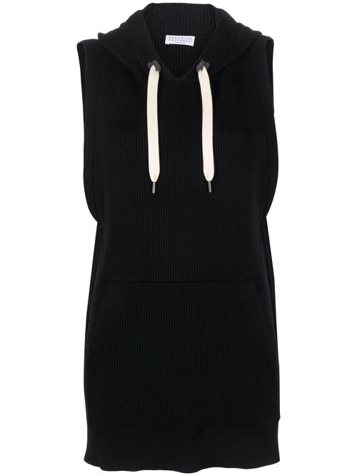 Ribbed-knit vest hoodie - Black