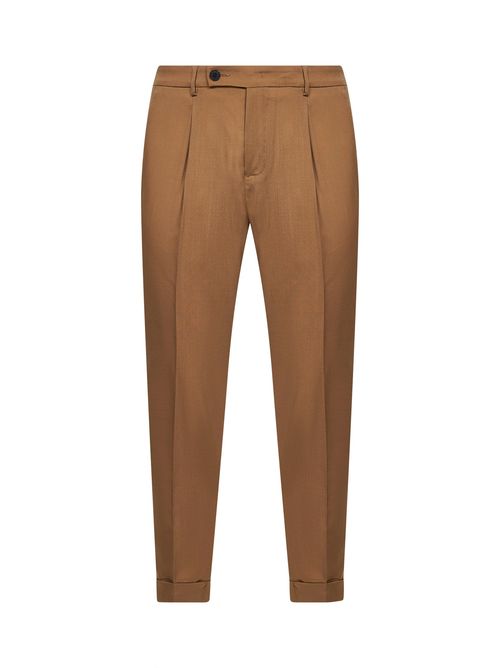 Virgin Wool Slim Carrot Trousers — Camel