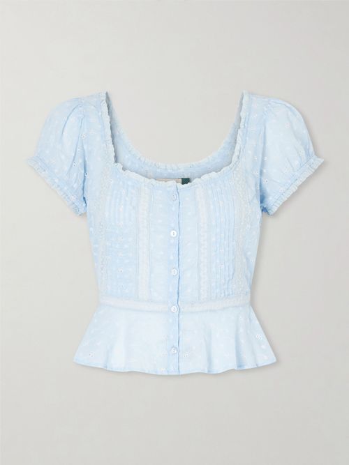 Sandi Cropped Broderie Anglaise Cotton Blouse - Blue