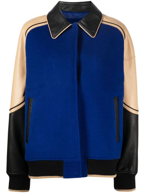 Faux-leather trim wool jacket - Blue