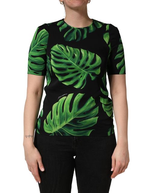 Philodendron-Print Silk Blouse — Black
