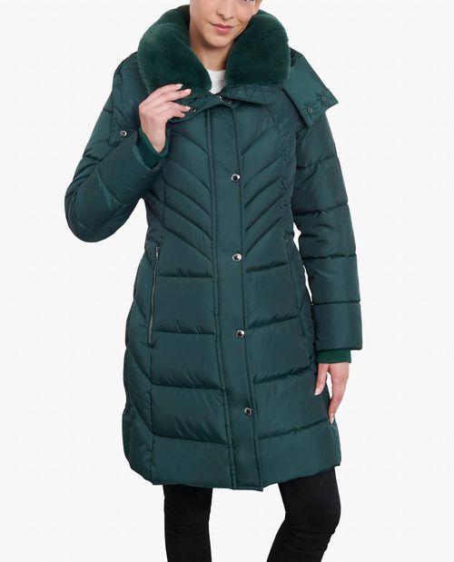 Zip-Front Hooded Heavy Weight Puffer Jacket With Button-Off Fur Collar In Green