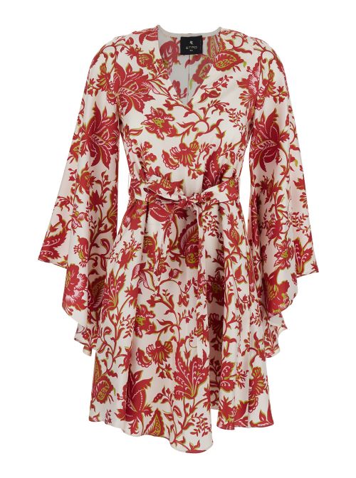 Floral-Print Silk Dress — Red