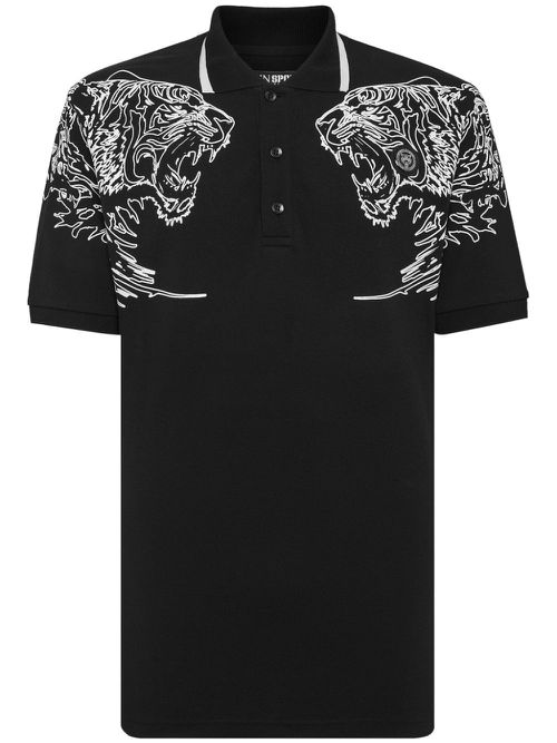 Tiger-print cotton polo shirt - Black