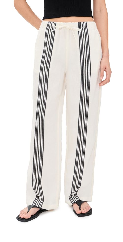 Pull-On Linen Pants Bold Placement Stripe Black