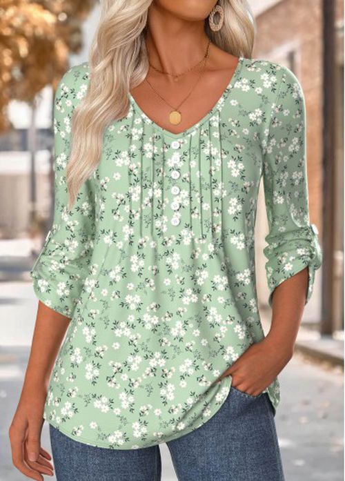 Modlily Sage Green Floral Print 3/4 Sleeve V Neck Blouse
