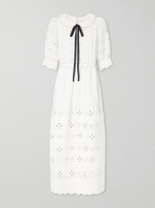 Bari Tie-detailed Broderie Anglaise-trimmed Linen Midi Dress - White