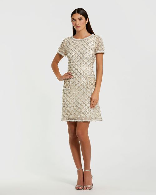 Ivory Short Sleeve Embellished Mini Dress