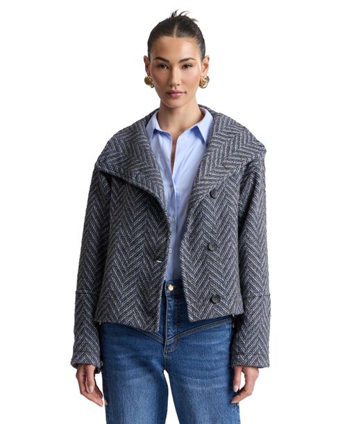 Womens Short Funnel Neck Wool Coat - Blue Chevron