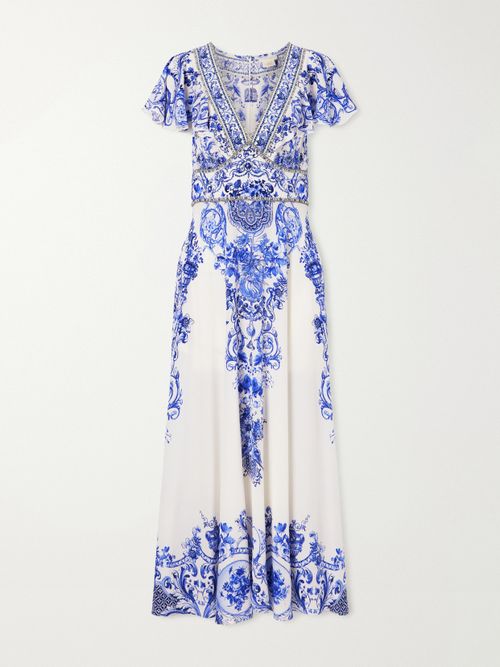 Embellished Printed Ruffled Silk-crepe Midi Dress - Blue