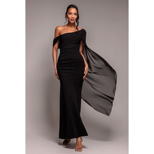 Goddiva One Shoulder Cape Scuba & Chiffon Maxi Dress - Black