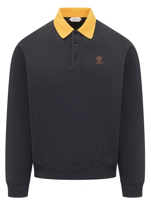 Polo Collar Cotton Sweatshirt with Front Buttons and Embroidered Logo